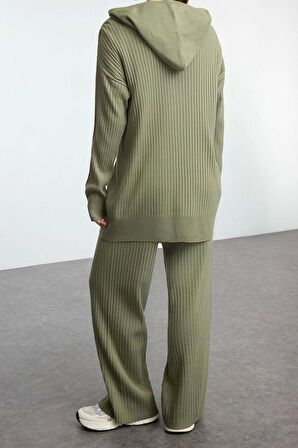 Kadın Moda Şık Geniş Paça Regular Boy Uzun Kollu Kapüşonlu Triko Alt-Üst Takım