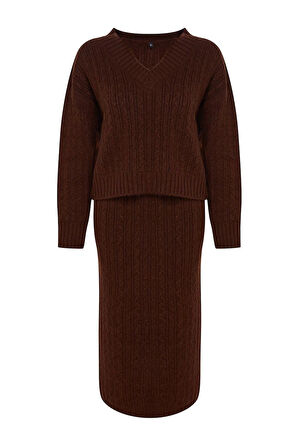 Kadın Moda Şık Regular Boy Uzun Kollu Yünlü Saç Örgü Triko Alt-Üst Takım