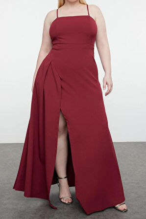 Yeni Fit Şık Abiye Gece Finike Dokuma Kare Yaka Askılı Kol Bodycone Maxi Boy Büyük Beden Elbise