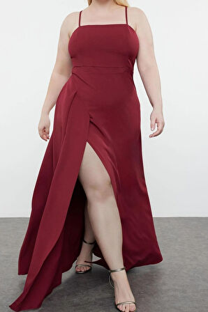 Yeni Fit Şık Abiye Gece Finike Dokuma Kare Yaka Askılı Kol Bodycone Maxi Boy Büyük Beden Elbise