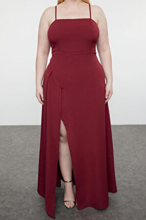 Yeni Fit Şık Abiye Gece Finike Dokuma Kare Yaka Askılı Kol Bodycone Maxi Boy Büyük Beden Elbise