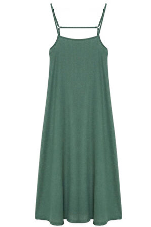 Kadın Moda Şık Maxi Boy Kare Yaka Relaxed Ayarlanabilir Askılı A-Line Bürümcük Dokulu Örme Elbise