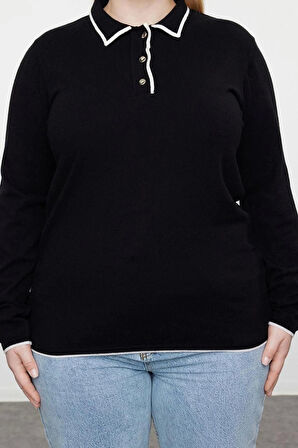 Kadın Büyük Beden Moda Regular Polo Yaka Uzun Kol Düz Polo Yaka Premium Yumuşak Kumaş Triko Kazak