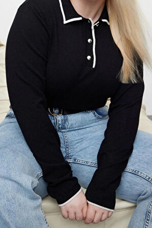 Kadın Büyük Beden Moda Regular Polo Yaka Uzun Kol Düz Polo Yaka Premium Yumuşak Kumaş Triko Kazak