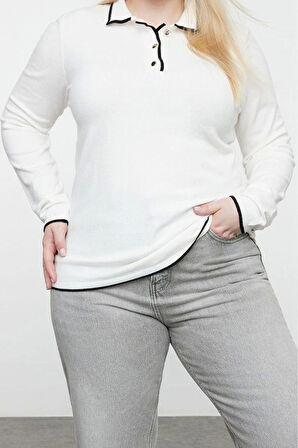 Kadın Büyük Beden Moda Regular Polo Yaka Uzun Kol Düz Polo Yaka Premium Yumuşak Kumaş Triko Kazak