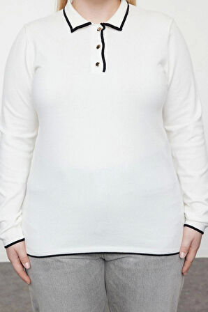 Kadın Büyük Beden Moda Regular Polo Yaka Uzun Kol Düz Polo Yaka Premium Yumuşak Kumaş Triko Kazak