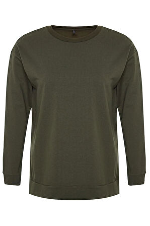 Kadın Büyük Beden Moda Şık Relaxed Bisiklet Yaka Düşük Kol Uzun Yırtmaç Detaylı İnce Örme Sweatshirt