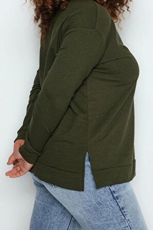 Kadın Büyük Beden Moda Şık Relaxed Bisiklet Yaka Düşük Kol Uzun Yırtmaç Detaylı İnce Örme Sweatshirt