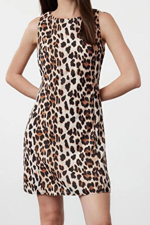 Kadın Moda Şık Mini Boy Bisiklet Yaka Regular Leopar Desenli Düz Kesim Saten Dokuma Elbise