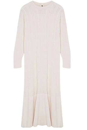 Kadın Moda Şık Tesettür Maxi Boy Bisiklet Yaka Relaxed Saç Örgü Desenli Eteği Volanlı Triko Elbise