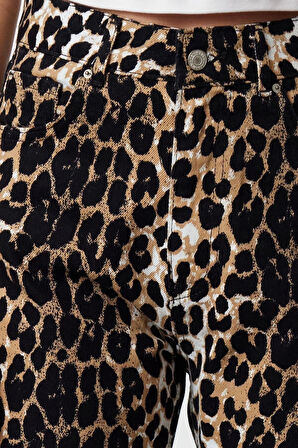 Kadın Yeni Moda Geniş Paça Regular Boy Dokuma Leopar Desenli Düz Kesim Pantolon
