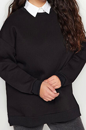 Kadın Büyük Beden Oversize Bisiklet Yaka Standart Kol Kalın İçi Polarlı Yırtmaçlı Örme Sweatshirt