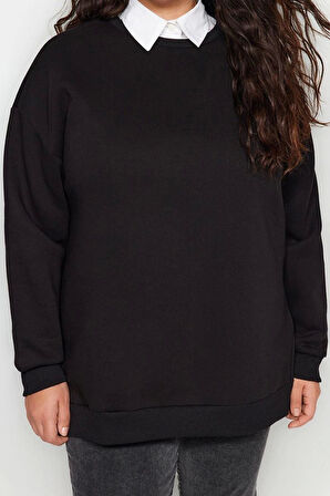 Kadın Büyük Beden Oversize Bisiklet Yaka Standart Kol Kalın İçi Polarlı Yırtmaçlı Örme Sweatshirt