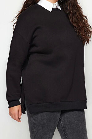 Kadın Büyük Beden Oversize Bisiklet Yaka Standart Kol Kalın İçi Polarlı Yırtmaçlı Örme Sweatshirt