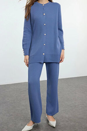 Kadın Moda Şık Regular Boy Uzun Kollu İnci Düğmeli Triko Alt-Üst Takım