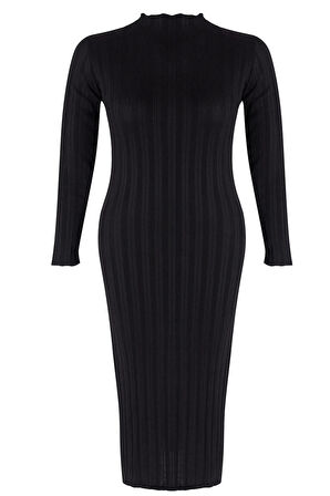 Kadın Moda Şık Büyük Beden Midi Boy Dik Yaka Fitted Fitilli Premium Özel İplik Triko Elbise