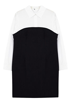 Kadın Büyük Beden Mini Boy Fitted Siyah Bodycone Straplez Dokuma Büyük Beden Çizgili Gömlek Elbise