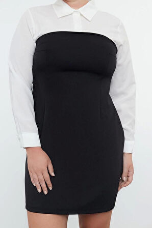 Kadın Büyük Beden Mini Boy Fitted Siyah Bodycone Straplez Dokuma Büyük Beden Çizgili Gömlek Elbise