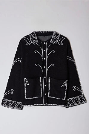 Kadın Moda Şık Regular Polo Yaka Regular Etnik Desenli Triko Hırka