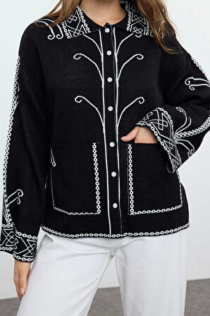 Kadın Moda Şık Regular Polo Yaka Regular Etnik Desenli Triko Hırka