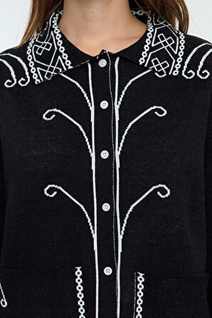 Kadın Moda Şık Regular Polo Yaka Regular Etnik Desenli Triko Hırka
