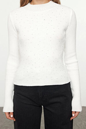 Kadın Moda Şık Dik Yaka Standart Kol Regular Balıkçı Yaka Taş Detaylı Triko Kazak