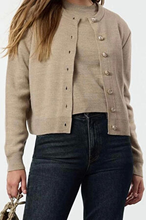 Kadın Moda Şık Bisiklet Yaka Standart Kol Regular Basic Hırka-Bluz Triko Hırka