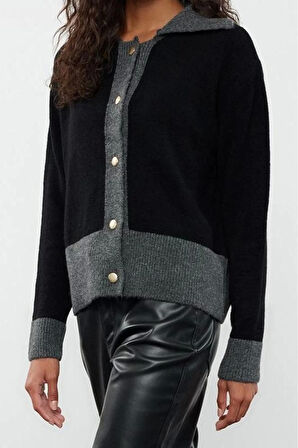 Kadın Moda Şık Regular Polo Yaka Slim Yumuşak Dokulu Renk Bloklu Triko Hırka