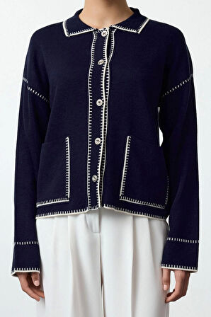 Kadın Moda Şık Regular Polo Yaka Regular Renk Bloklu Polo Yaka Triko Hırka