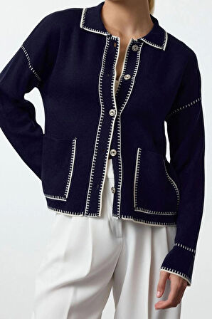 Kadın Moda Şık Regular Polo Yaka Regular Renk Bloklu Polo Yaka Triko Hırka