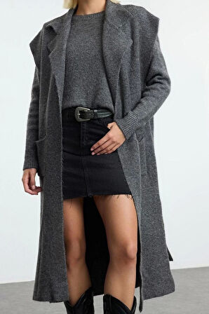 Kadın Moda Şık Midi Polo Yaka Regular Yünlü Midi Hırka-Kazak Triko Hırka
