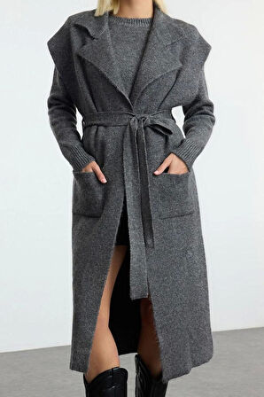 Kadın Moda Şık Midi Polo Yaka Regular Yünlü Midi Hırka-Kazak Triko Hırka
