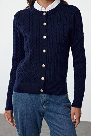 Kadın Moda Şık Regular Bisiklet Yaka Slim Premium İplik Örgü Detaylı Ceket Görünümlü Triko Hırka