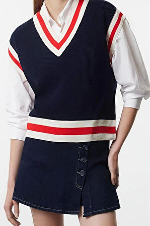 Kadın Moda Şık V Yaka Standart Kol Regular Triko Süveter