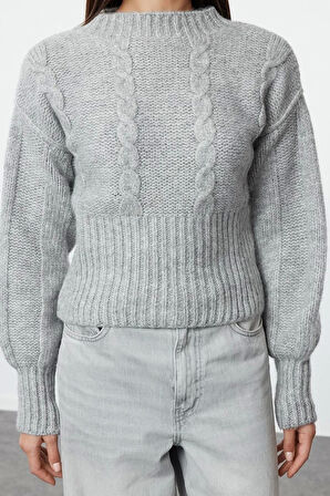 Kadın Moda Şık Dik Yaka Standart Kol Crop Saç Örgü Bisiklet Yaka Triko Kazak