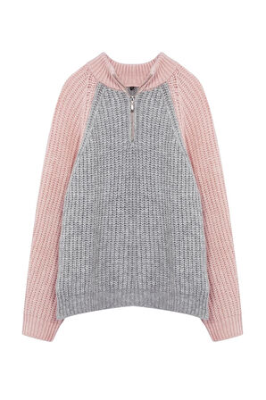 Kadın Moda Şık Dik Yaka Standart Kol Regular Renk Bloklu Fermuarlı Triko Kazak