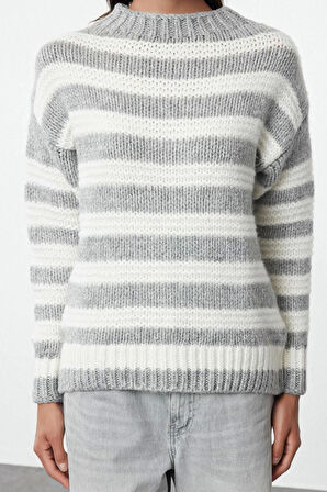 Kadın Moda Şık Bisiklet Yaka Standart Kol Regular Renk Bloklu Triko Kazak