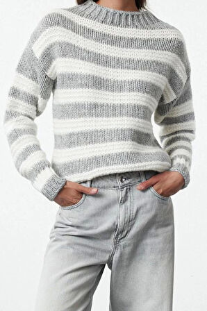 Kadın Moda Şık Bisiklet Yaka Standart Kol Regular Renk Bloklu Triko Kazak