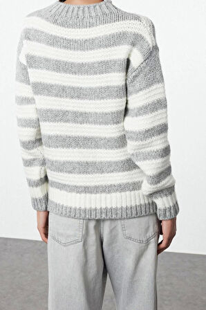 Kadın Moda Şık Bisiklet Yaka Standart Kol Regular Renk Bloklu Triko Kazak