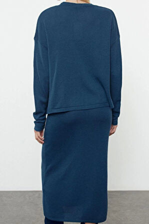 Kadın Moda Şık Midi Boy V Yaka Slim Triko Premium İplik Özel İplik Hırka-Elbise Takım