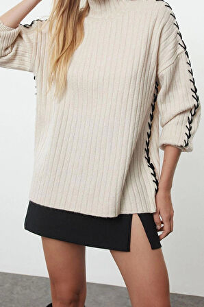 Kadın Moda Şık Dik Yaka Standart Kol Regular Triko Kazak