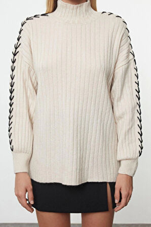 Kadın Moda Şık Dik Yaka Standart Kol Regular Triko Kazak