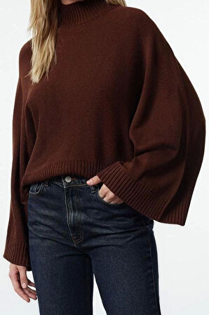 Kadın Moda Şık Regular Dik Yaka Uzun Kol Düz Geniş Kalıp Yarasa Kol Triko Kazak