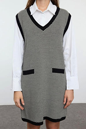 Kadın Moda Şık Mini Boy V Yaka Regular Triko Renk Bloklu Elbise