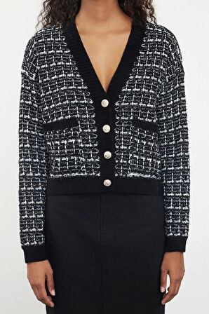 Kadın Moda Şık Regular V Yaka Slim Tüvit Görünümlü Triko Hırka