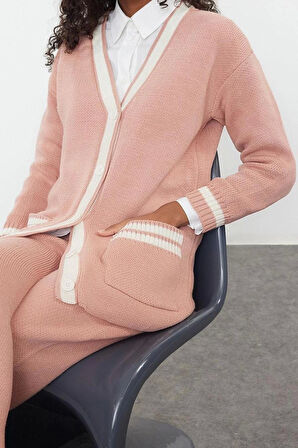 Kadın Moda Şık Geniş Paça Regular Boy Uzun Kollu Renkli Biyeli Triko Alt-Üst Takım