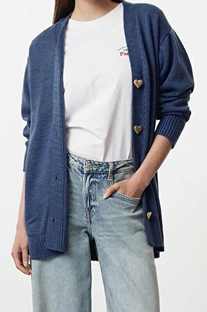 Kadın Tesettür Moda Şık Regular V Yaka Uzun Kol Düz Kalp Düğmeli Triko Hırka