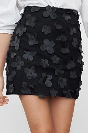 Kadın Moda Stil Mini Astarlı Örme 3 Boyutlu Çiçekli Dokuma Etek