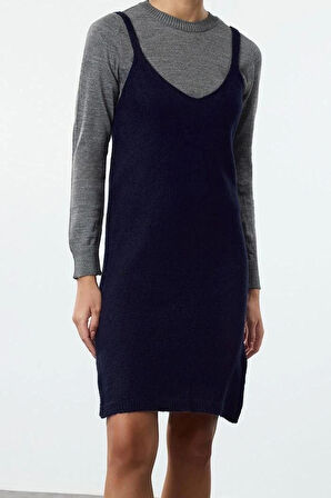 Kadın Moda Şık Mini Boy Havuz Yaka Regular Triko Yumuşak Dokulu Askılı Elbise