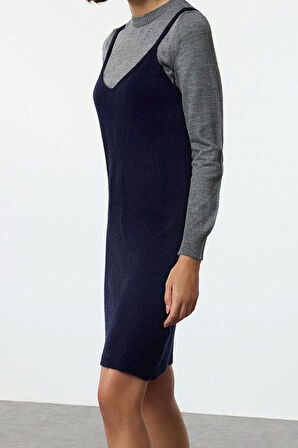 Kadın Moda Şık Mini Boy Havuz Yaka Regular Triko Yumuşak Dokulu Askılı Elbise